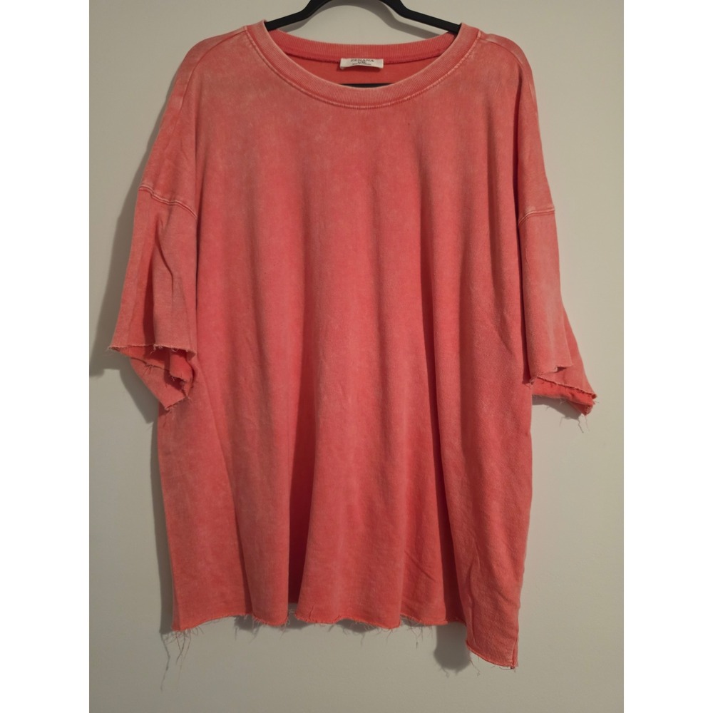 Zenana T-Shirt Women L/XL Coral Pink Cotton Mineral Wash Oversized Grunge Boho